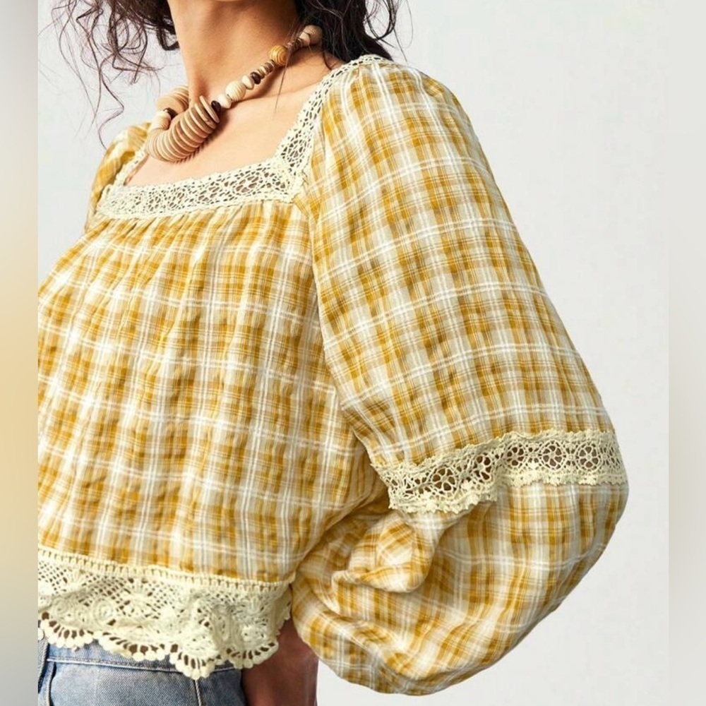 Yellow Plaid Women's Top with Lace Trim - Picture 2 of 9